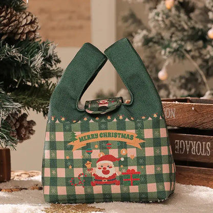Green and red checkered santa gift bag dining room christmas apple