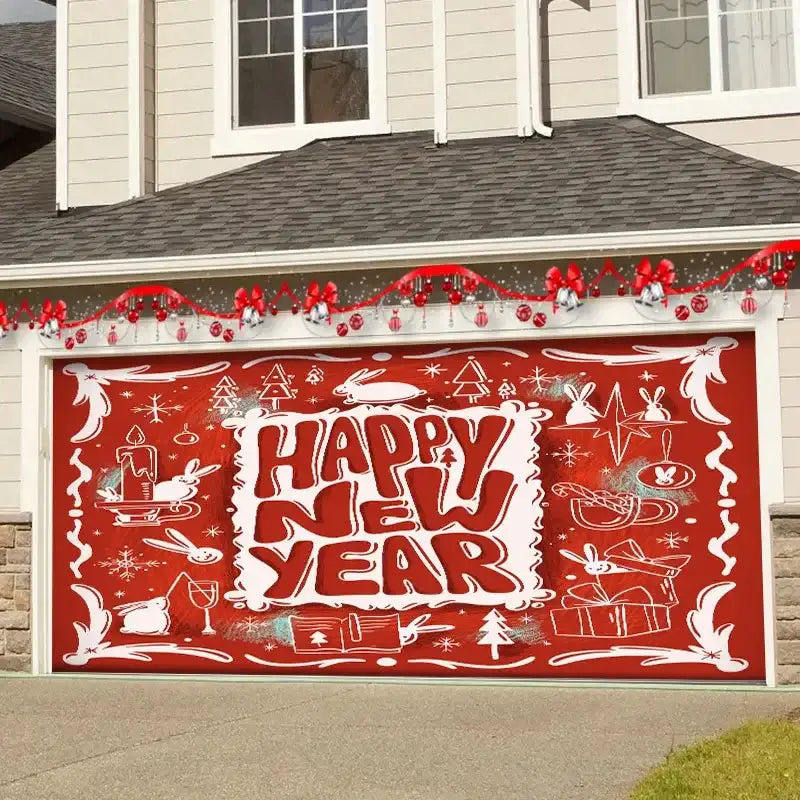 Red happy new year christmas backdrop cloth garage door decor