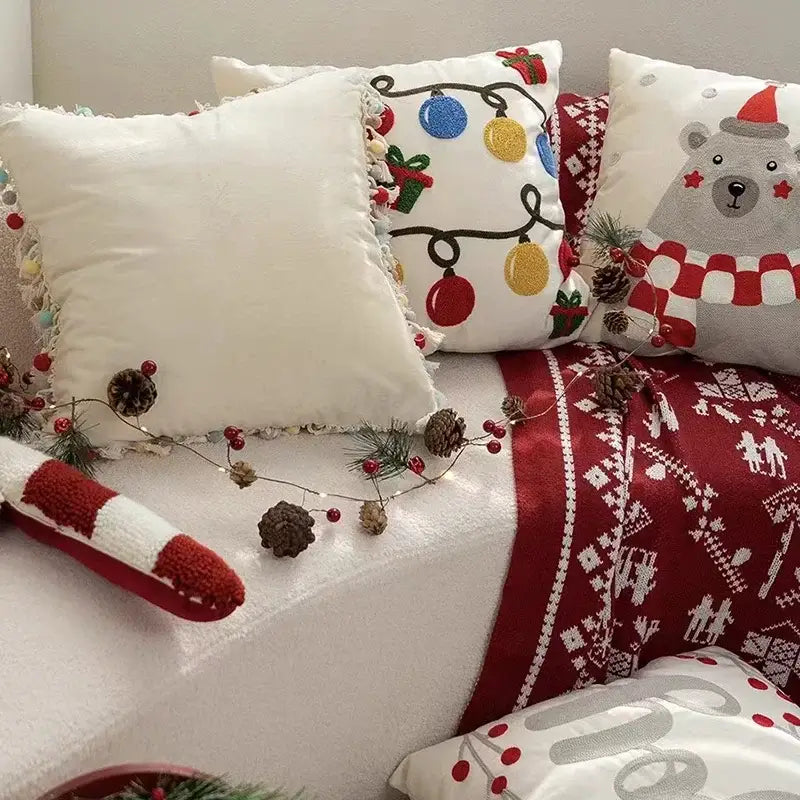 Christmas bell red embroidered pillow cover living room holiday decor