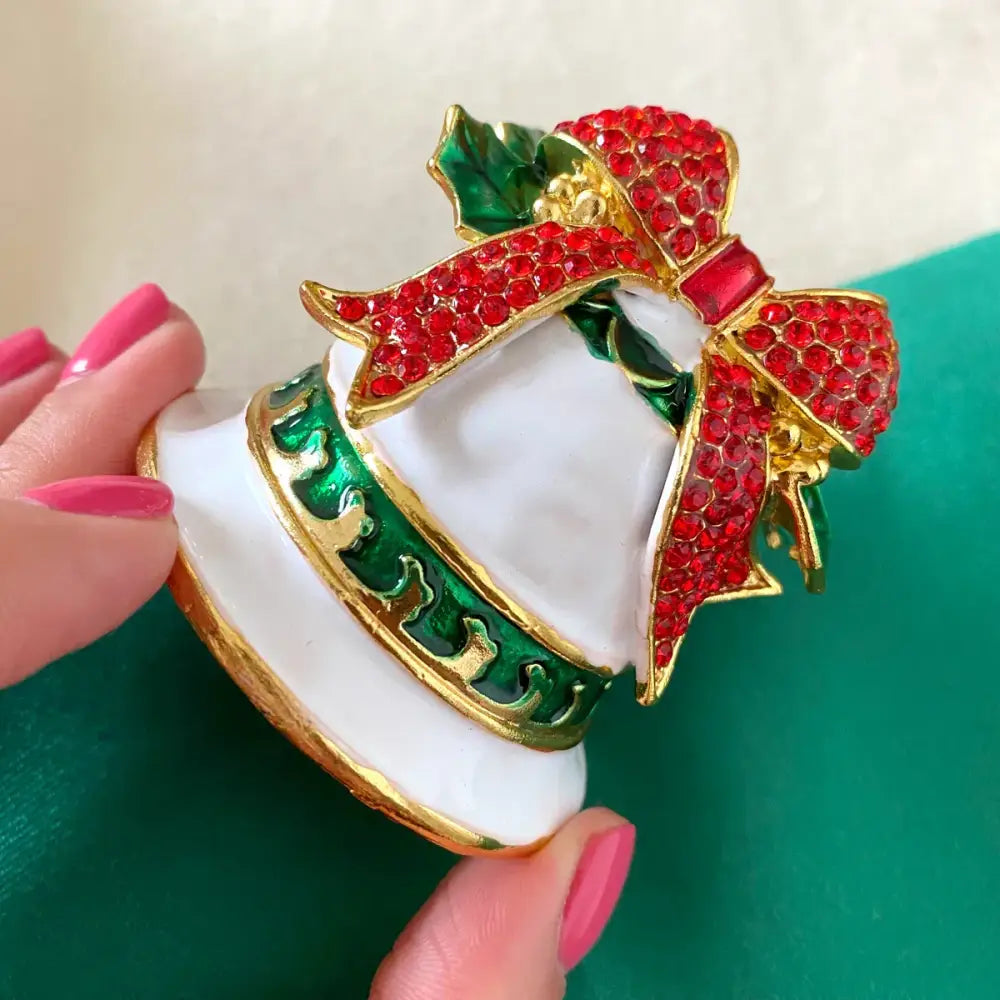 White enamel christmas bell trinket box – living room holiday decor