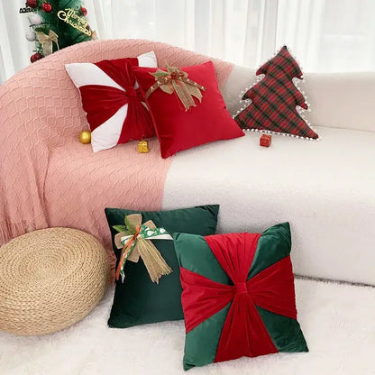 Red & green christmas bow patchwork velvet pillow set living room