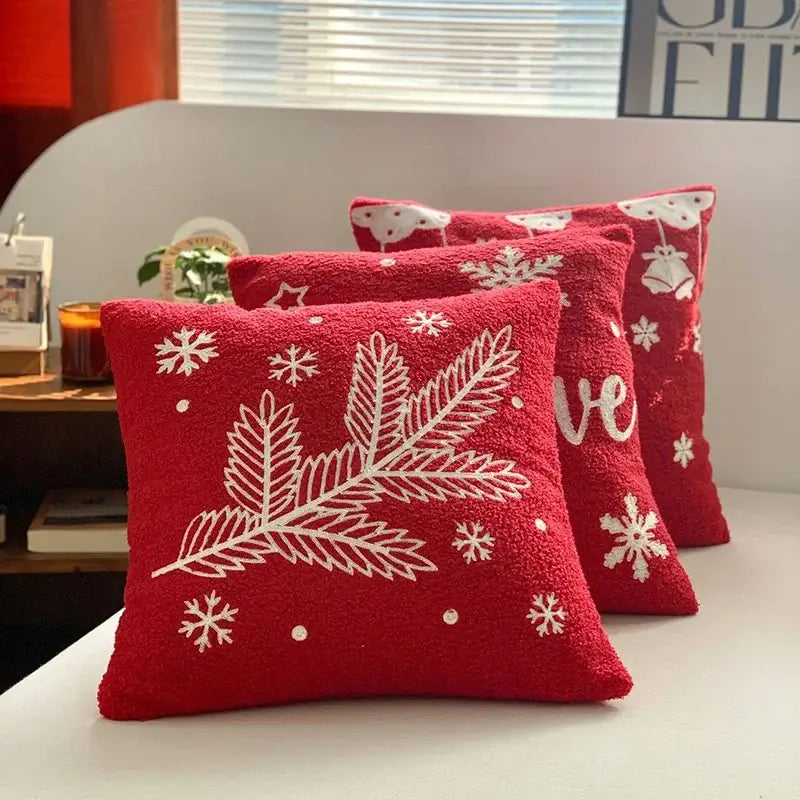 Christmas cartoon embroidered pillow cover red & white living room decor
