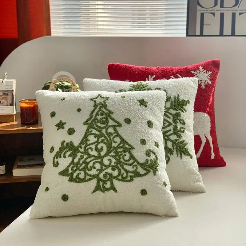 Christmas cartoon embroidered pillow cover red & white living room decor