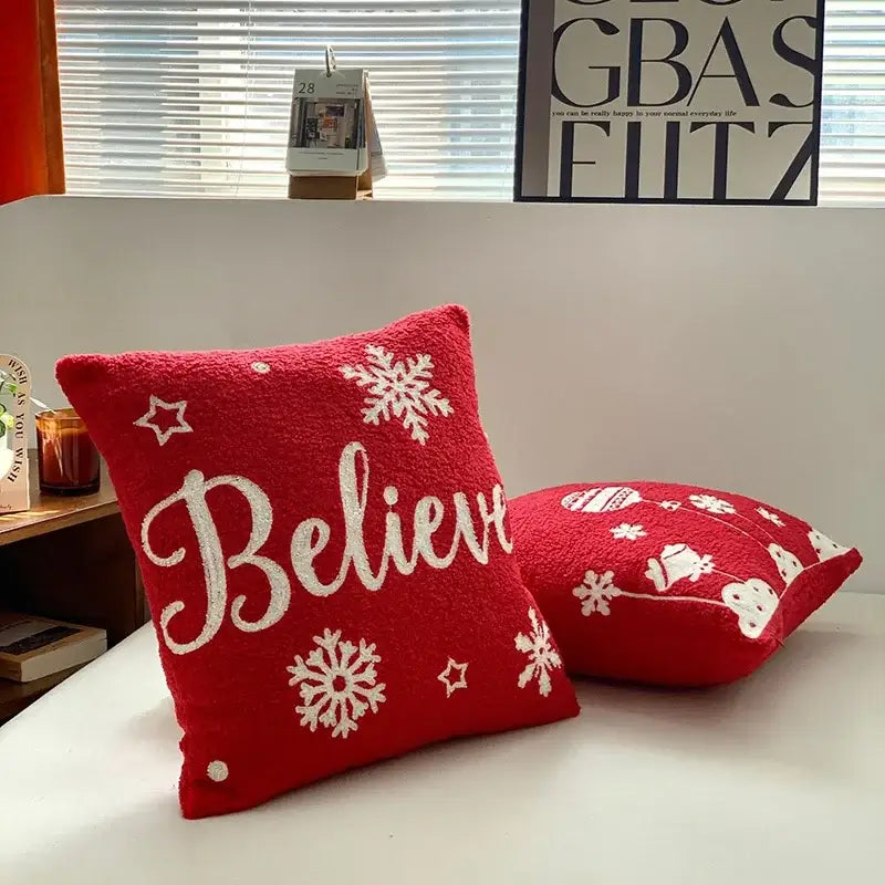 Christmas cartoon embroidered pillow cover red & white living room decor