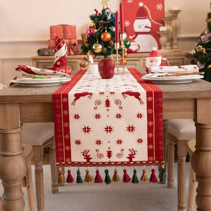 Cartoon plaid red & cream table runner dining room embroidered tassel