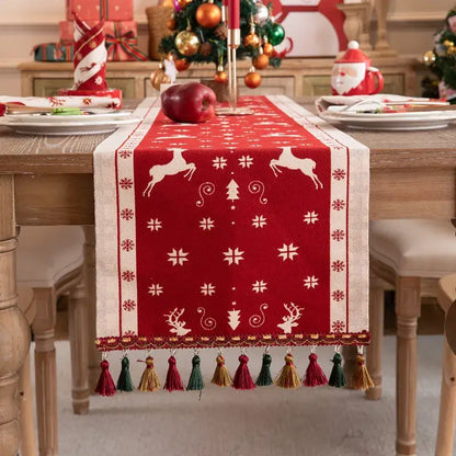 Cartoon plaid red & cream table runner dining room embroidered tassel