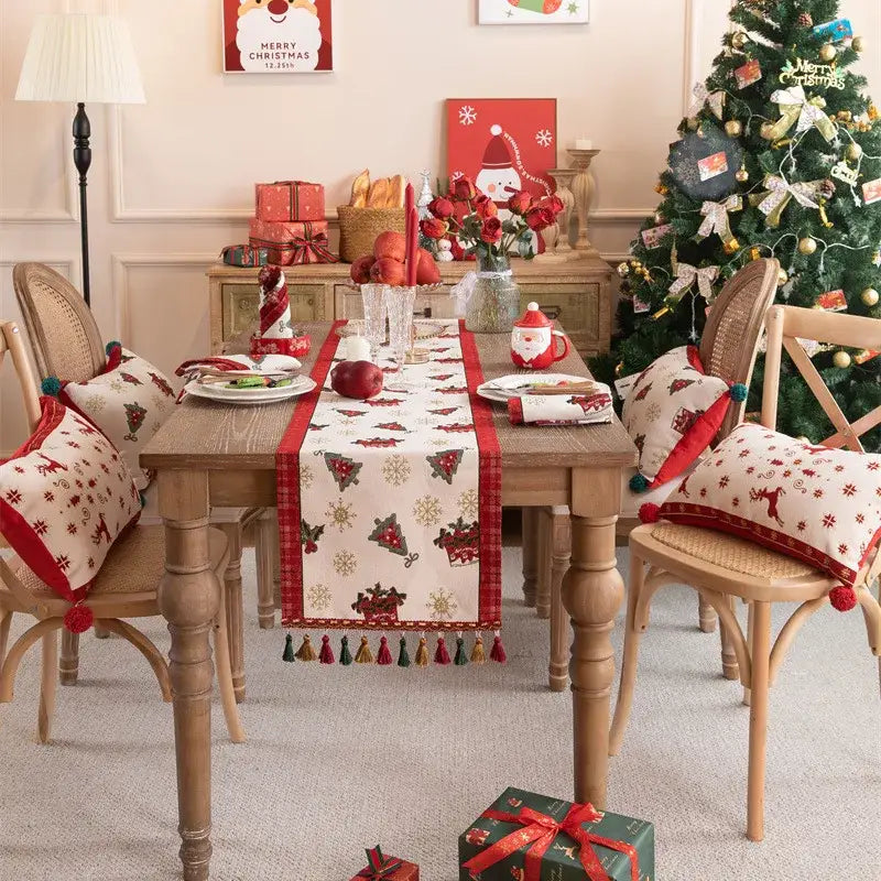 Cartoon plaid red & cream table runner dining room embroidered tassel