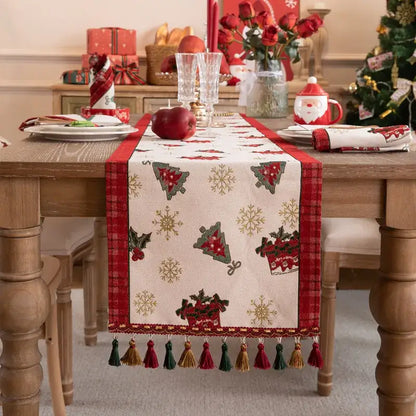 Cartoon plaid red & cream table runner dining room embroidered tassel