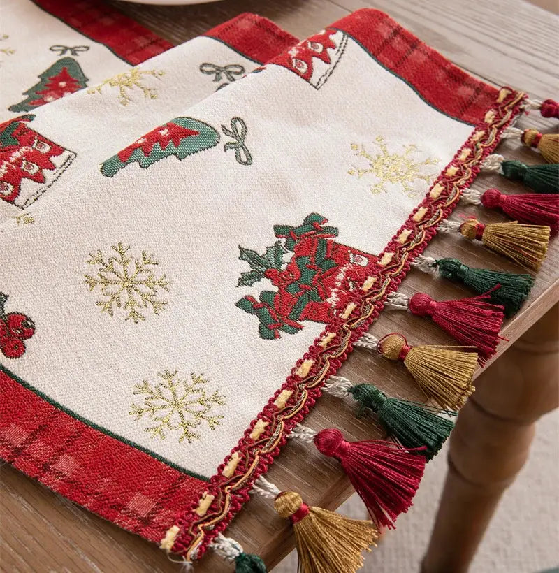 Cartoon plaid red & cream table runner dining room embroidered tassel