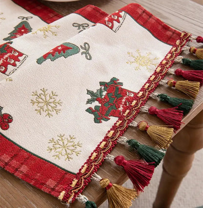 Cartoon plaid red & cream table runner dining room embroidered tassel