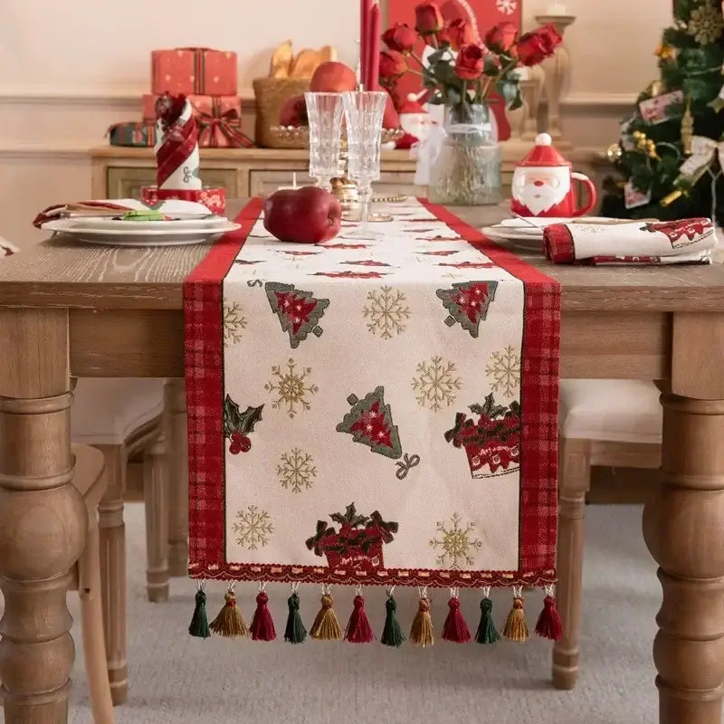 Cartoon plaid red & cream table runner dining room embroidered tassel