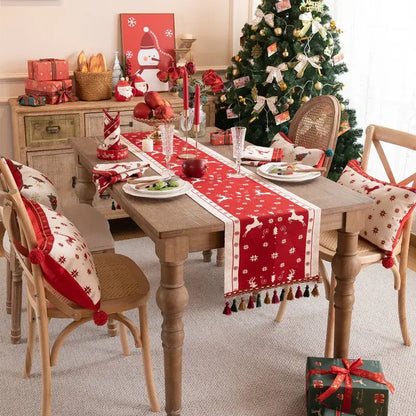 Cartoon plaid red & cream table runner dining room embroidered tassel