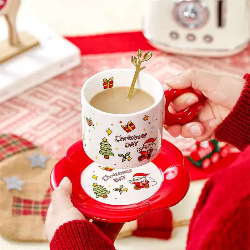 Festive white and red christmas ceramic santa tea set dining room