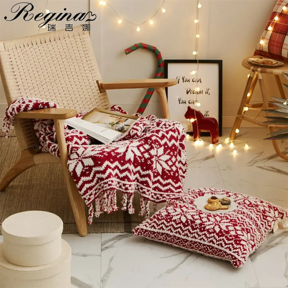 Red and white snowflake christmas chunky knit blanket bedroom throw