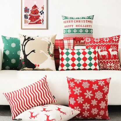 Red plaid christmas cotton linen pillowcases living room deer decor