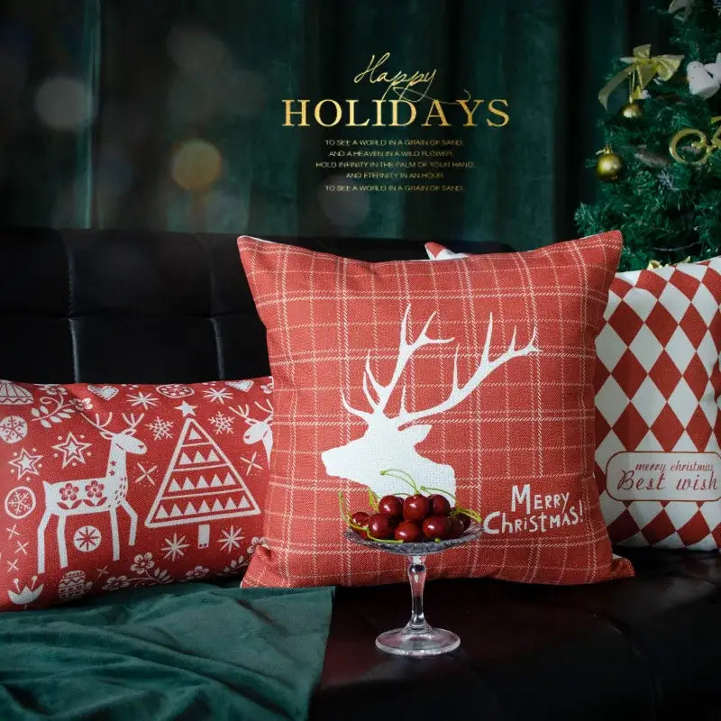 Red plaid christmas cotton linen pillowcases living room deer decor