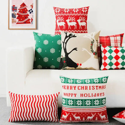 Red plaid christmas cotton linen pillowcases living room deer decor