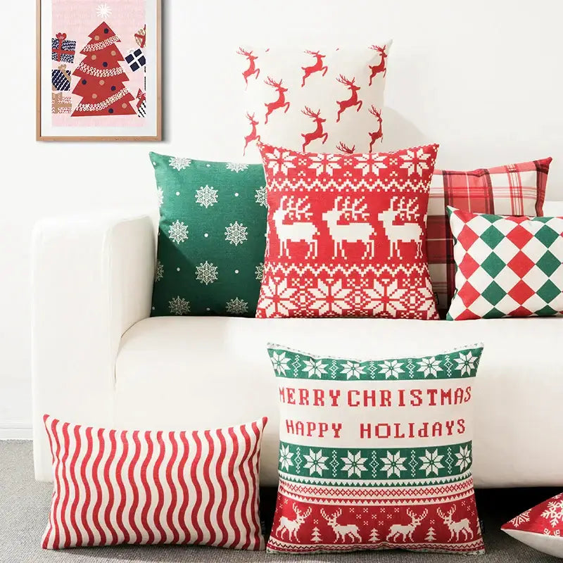 Red plaid christmas cotton linen pillowcases living room deer decor