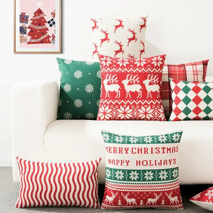 Red plaid christmas cotton linen pillowcases living room deer decor