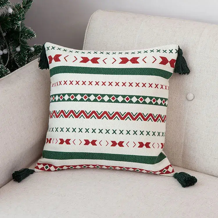 Christmas red & green patterned decoration cushion cover living room tassels