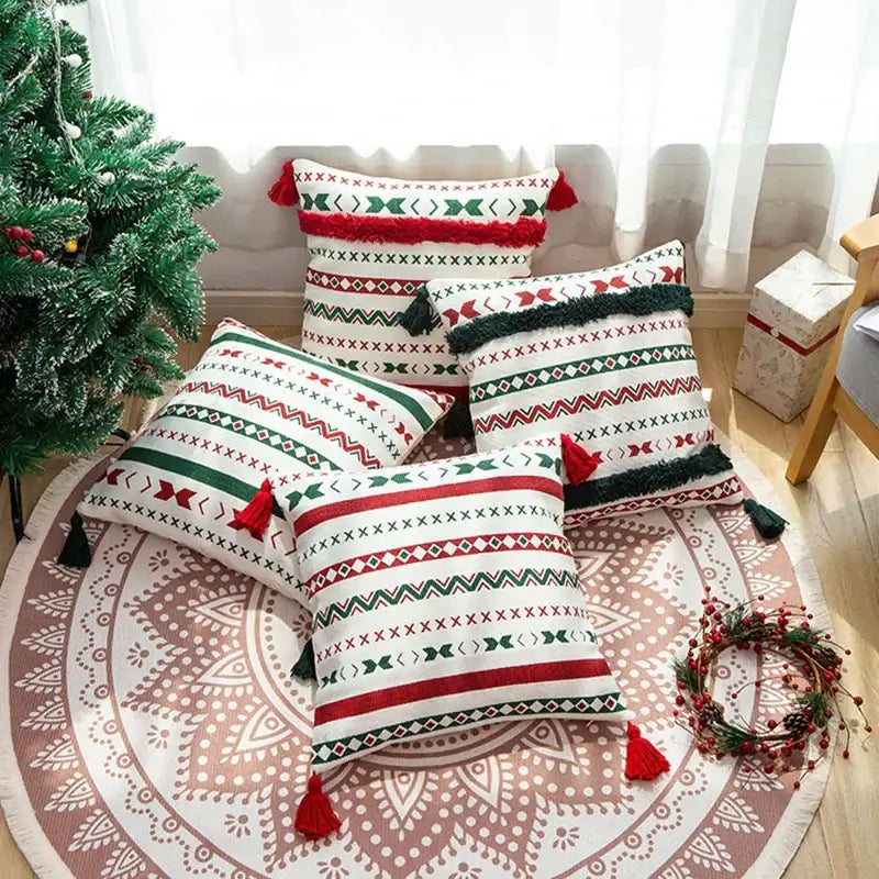 Christmas red & green patterned decoration cushion cover living room tassels