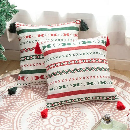 Christmas red & green patterned decoration cushion cover living room tassels