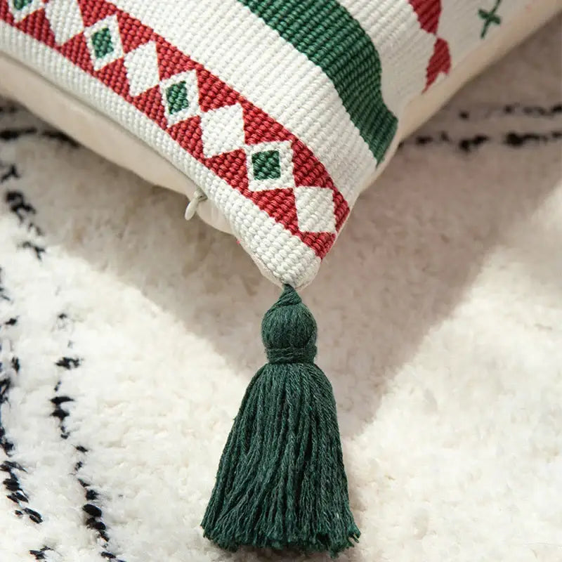 Christmas red & green patterned decoration cushion cover living room tassels