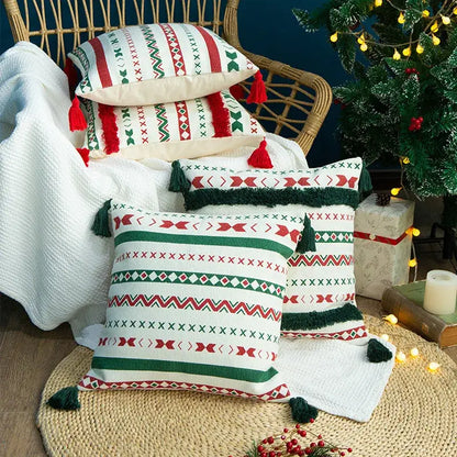 Christmas red & green patterned decoration cushion cover living room tassels