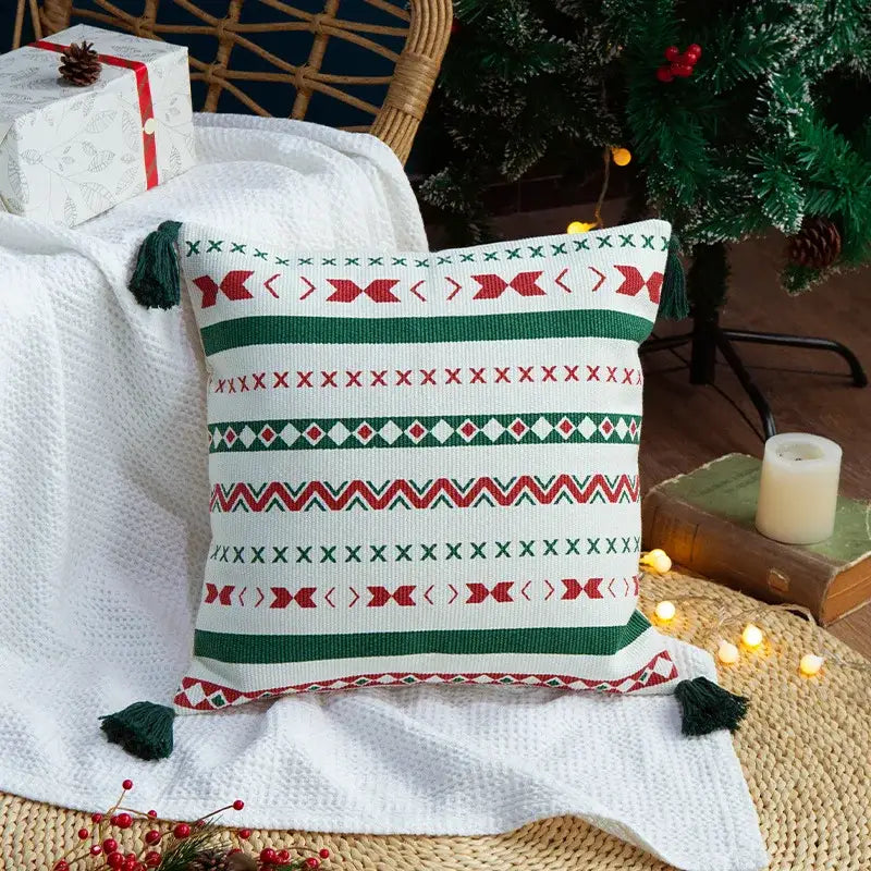 Christmas red & green patterned decoration cushion cover living room tassels