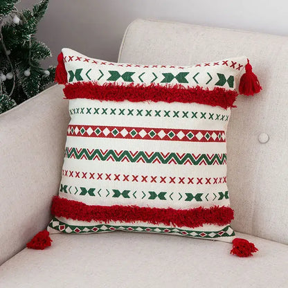 Christmas red & green patterned decoration cushion cover living room tassels