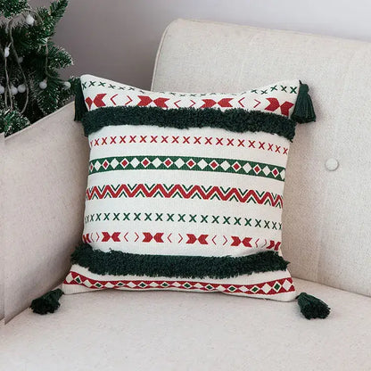 Christmas red & green patterned decoration cushion cover living room tassels