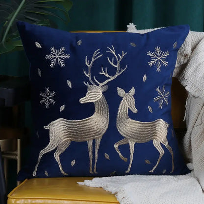 Navy blue christmas elk embroidered cushion cover living room decor