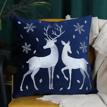 Navy blue christmas elk embroidered cushion cover living room decor