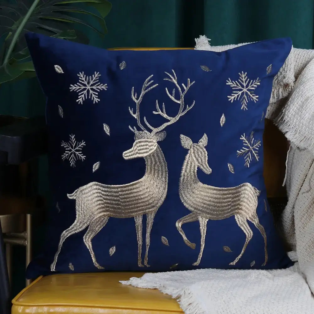Navy blue christmas elk embroidered cushion cover living room decor