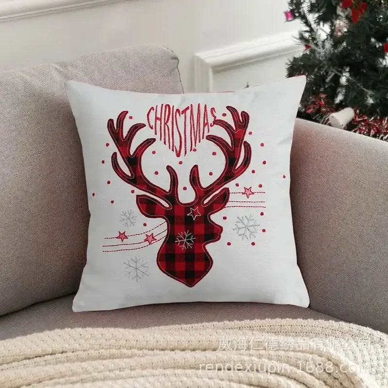 Farmhouse red christmas elk pillowcase living room embroidered decor