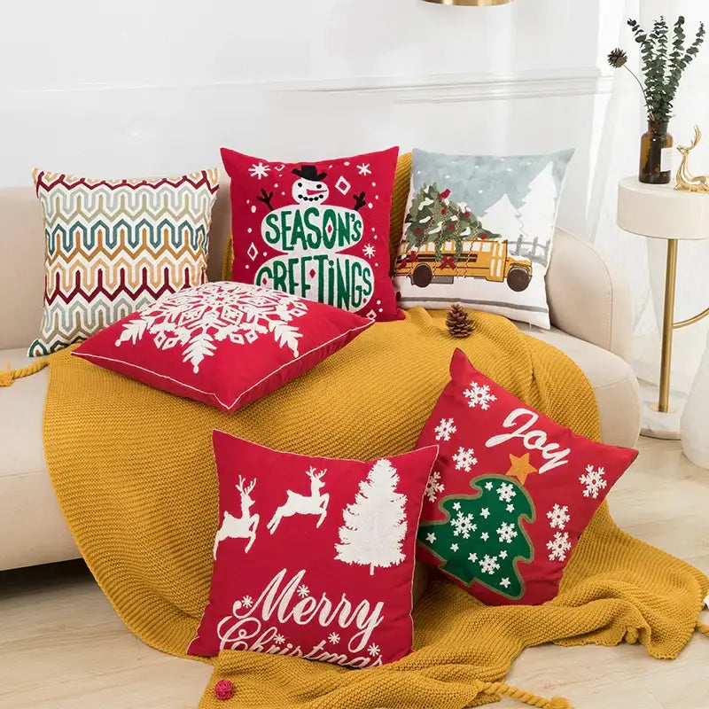 Red snowflake embroidered cushion cover living room velvet pillow