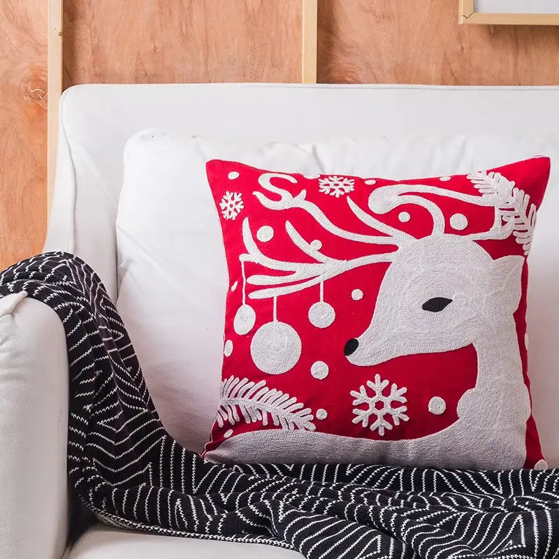 Christmas embroidered cushion cover red & white living room pillow