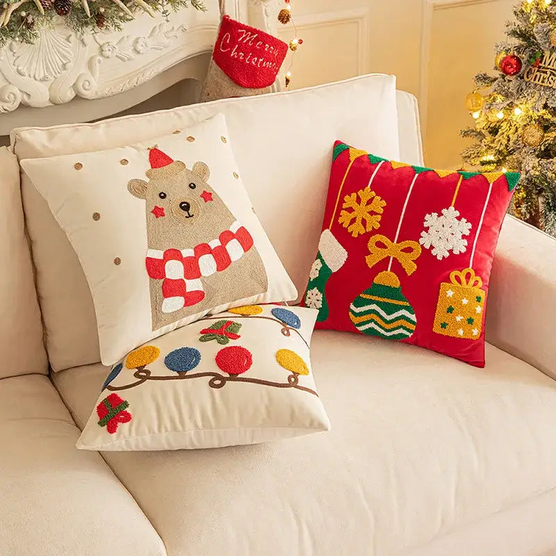Christmas embroidered red geometric pillow cover living room decor