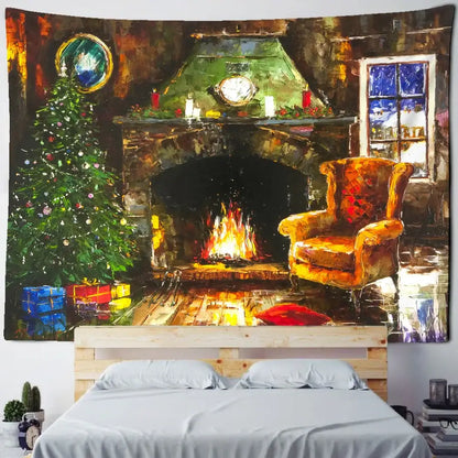 Festive winter village fireplace tapestry wall hanging living room