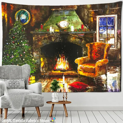 Festive winter village fireplace tapestry wall hanging living room