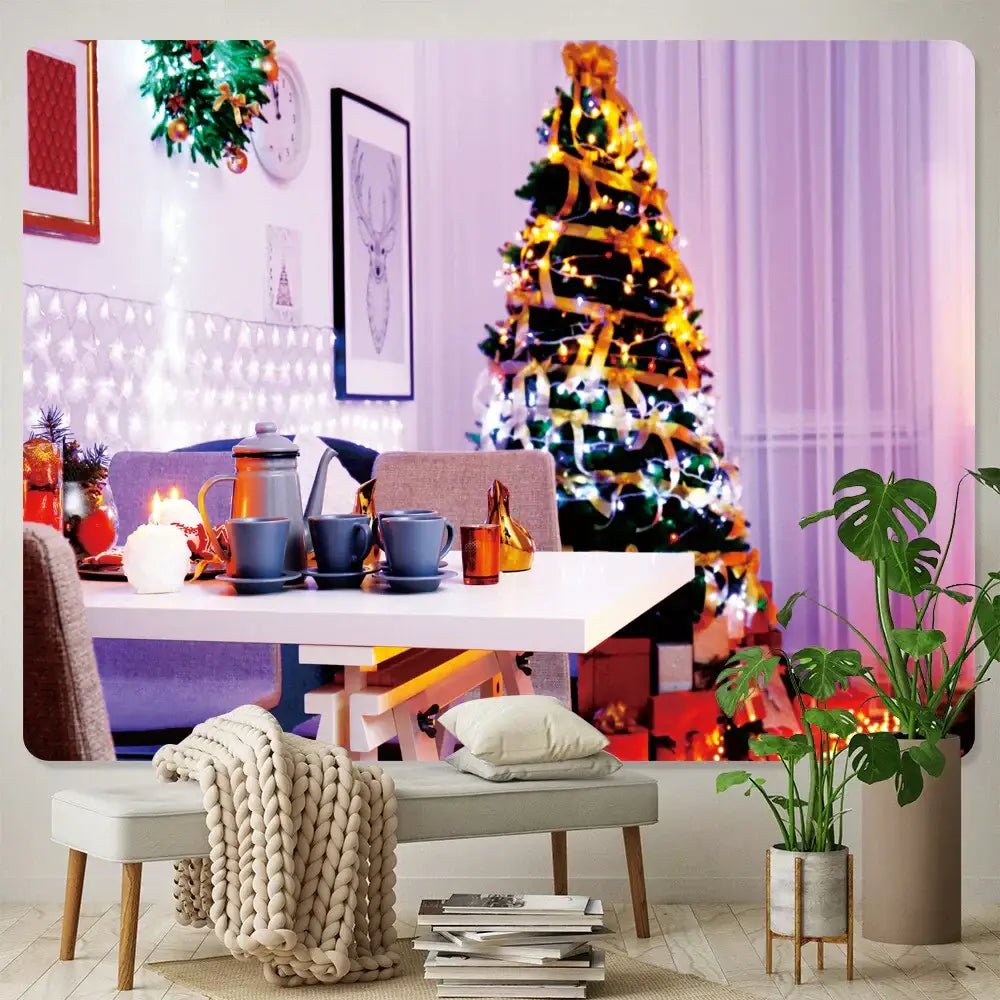 Festive golden christmas tree tapestry wall hanging living room decor