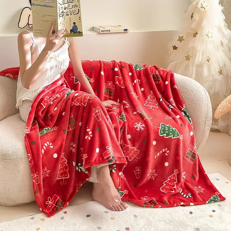 Festive red christmas flannel blanket bedroom soft plush throw