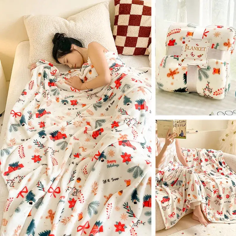Festive red christmas flannel blanket bedroom soft plush throw