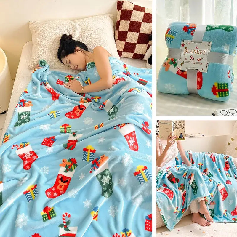 Festive red christmas flannel blanket bedroom soft plush throw