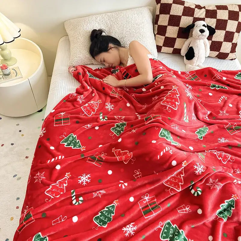 Festive red christmas flannel blanket bedroom soft plush throw