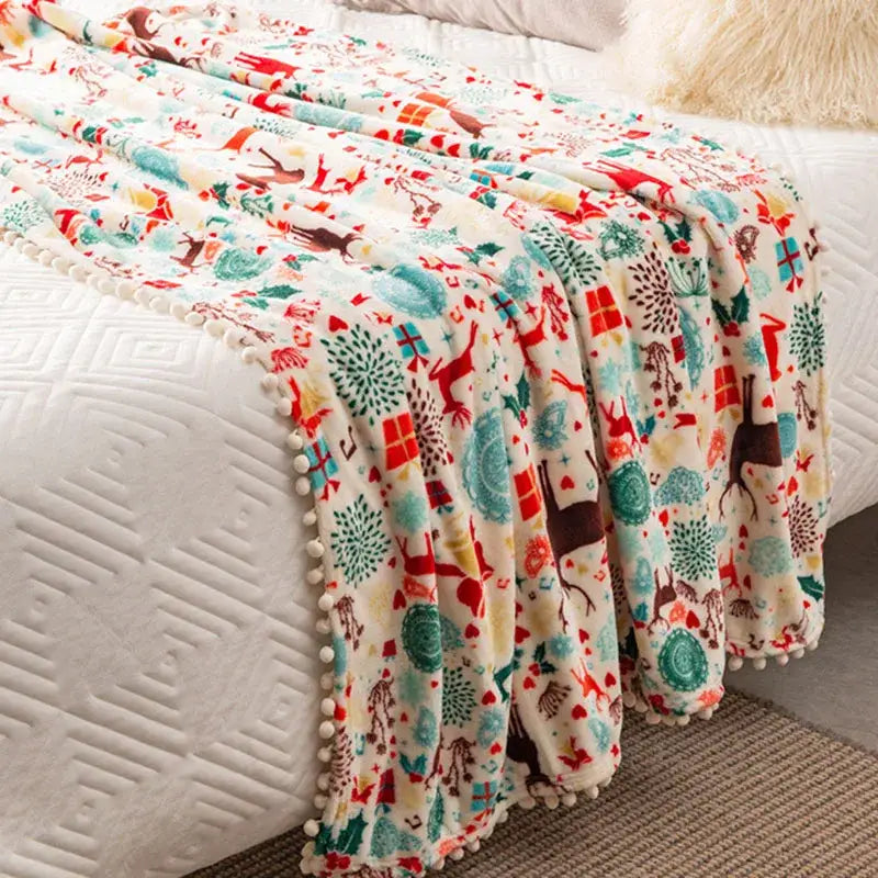Festive reindeer & star christmas flannel blanket bedroom shawl cushion