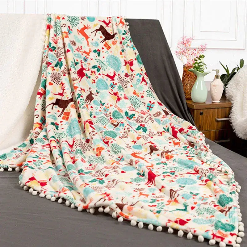 Festive reindeer & star christmas flannel blanket bedroom shawl cushion