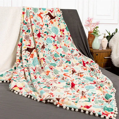 Festive reindeer & star christmas flannel blanket bedroom shawl cushion