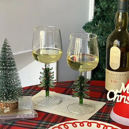 Festive christmas tree green & clear glass goblet set dining room drinkware