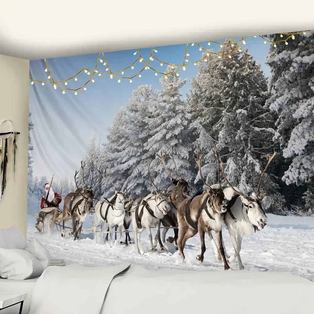 Festive santa sleigh christmas god deer tapestry bedroom wall decor